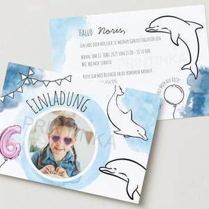 Einladungskarten Kindergeburtstag Delfin – personalisierbar mit Foto & Text – 10er-Set inkl. Umschläge