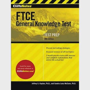 Könnte beinhalten: Ein gelb-schwarzes Buch mit dem Titel "FTCE General Knowledge Test" und dem "CliffsNotes"-Logo. Das Cover zeigt ein Berg-Bild und den Text "TEST PREP 4th Edition". Zusätzlicher Text enthält Teststrategien und Übungstests.
