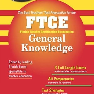 May include: A book cover for the FTCE General Knowledge exam. The cover is predominantly red with a large orange and yellow gradient circle in the center. White text includes "FTCE", "General Knowledge", and other exam preparation details.