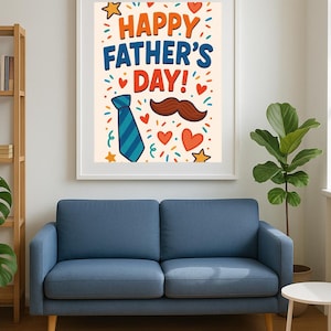 Afdrukbare vaderdagposter – leuke kleurrijke digitale kunst met stropdas en snor – cadeau voor papa – directe pdf-download (25 % korting)