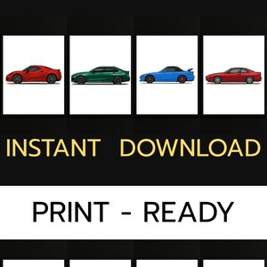 8 Car Illustration Prints Bundle – Instant Download Sports Car Wall Art – Garage & Office Decor