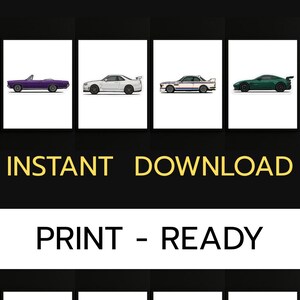 8 Car Illustration Prints Bundle – Instant Download Sports Car Wall Art – Garage & Office Decor