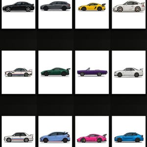 16 Car Illustration Prints Bundle – Instant Download Sports Car Wall Art – Garage & Office Decor