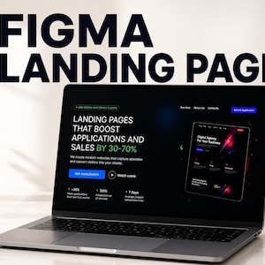May include: A laptop displaying a website design with the text "FIGMA LANDING PAGE." The screen shows a landing page design with the text "LANDING PAGES THAT BOOST APPLICATIONS AND SALES BY 30-70%." A small potted plant is to the left.