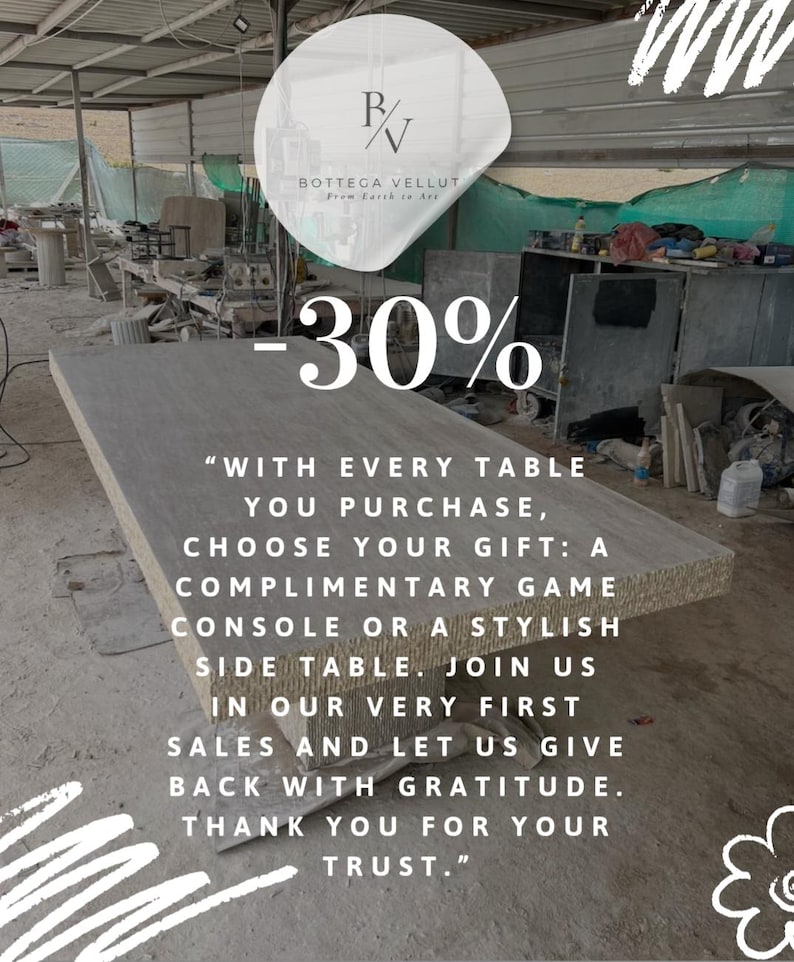 May include: A large, rectangular, light gray table with a textured surface. The image includes the text "-30%" and a message about choosing a gift with purchase. The Bottega Vellut logo is also visible.