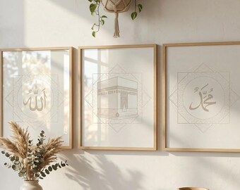 Allah, Muhammad, Kaaba Poster, Islamic Calligraphy Wall Art Set of 3