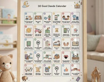 30 Good Deeds Calendar Poster for Kids, Islamic Educational Wall Art