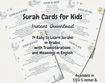 14 Quran Surahs Cards with English Meaning, Transliteration and Arabi, Easy to Learn Islamic Educational Flashcards