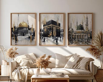 Abstract Painting Kaaba, Al-Aqsa and Masjid An-Nabawi Poster, Islamic Wall Art Set of 3