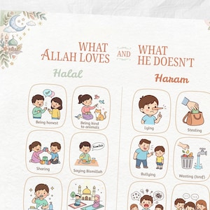 May include: An educational poster titled What Allah Loves and What He Doesn't, featuring illustrations of Halal and Haram behaviors. The chart includes cartoon depictions of honesty, kindness to animals, sharing, and prayer, contrasted with lying and stealing.
