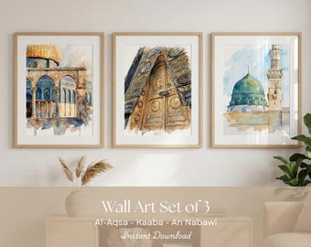 Watercolor Kaaba, Al-Aqsa, An Nabawi Poster Islamic Wall Art Set of 3