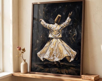 May include: A framed wall art print depicting a dervish in a white and gold robe performing a whirling dance against a dark, textured background. The figure wears a tall tan hat with arms raised, captured in a dynamic pose with visible brushstrokes.