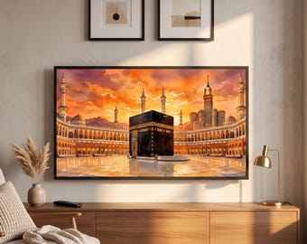 Kaaba Sunset Watercolor Frame TV Art, Islamic Samsung TV Screensaver 16:9 Digital Wall Art