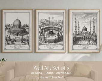 Islamic Vintage Engraving Wall Art Set of 3 | Kaaba, Al-Aqsa and Masjid An-Nabawi Printable