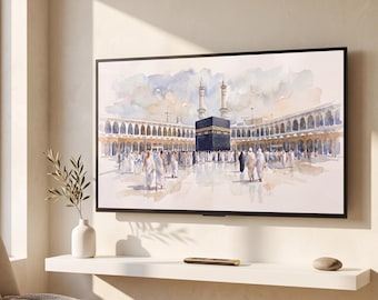 Kaaba Watercolor Frame TV Art, Islamic Samsung TV Screensaver 16:9 Digital Wall Art
