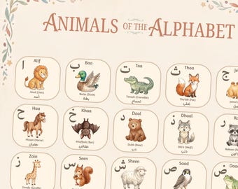 Arabic Alphabet with Animals Poster, Islamic Educational Wall Art for Kids