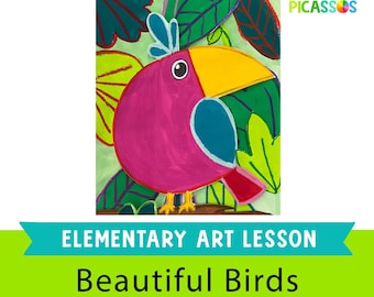 Fun & Easy Art Lesson for Kids | Elementary Art Project |Homeschool Art Lesson |Painting Art Lesson Plan | How to Draw a Tropical Bird