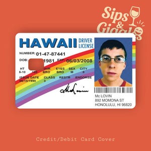Étui pour carte d'identité McLovin, habillage amusant pour carte de crédit/débit, emballage mème inspiré des super-méchants, cadeau parodie de faux permis, compatible avec les puces électroniques