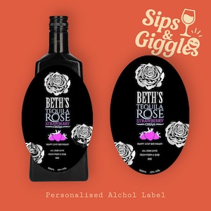 Personalized Tequila Bottle Label, Custom Pink Liqueur Sticker, Bachelorette Party Favor, Birthday Gift for Her, Rose Drink Label