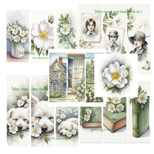 Lot de 15 marque-pages - Série Roses Blanches nr 1 - Inclut des fichiers séparés et 3 PDF prêts à imprimer 50 x 150 mm