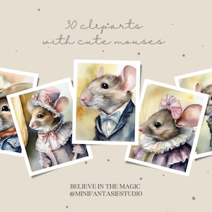 Set rustico di 30 clipart con topi - Illustrazioni acquerello, JPG, per stampe e progetti fai-da-te - Mini Fantasies Studio scrapbooking