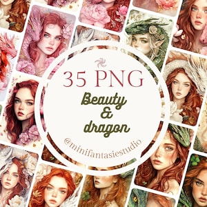 Junk Journal Ephemera 35 Illustrations PNG Aquarelle Femme et Dragon, Parfaites pour les Projets d'Impression et DIY Scrapbooking, Carterie