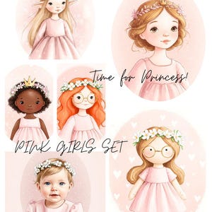 Ensemble graphique de 12 pièces : filles, anges Série rose 50 mm, 60 mm, 95 mm et 5 fonds d'écran aux formats PDF A4 JPG MiniFantasieStudio