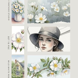 Lot de 15 marque-pages - Série Roses Blanches nr 1 - Inclut des fichiers séparés et 3 PDF prêts à imprimer 50 x 150 mm