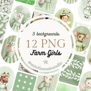 Kit graphique Ferme Verte 12 jolies illustrations de filles d'animaux 50/60/95mm + 5 fonds PDF/JPG/PNG Pour vos projets ! MiniFantasieStudio
