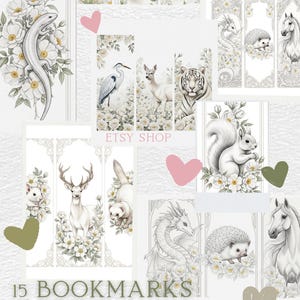 15 marque-pages  Série Animaux nr 3 fichiers séparés plus 3 PDF prêts à imprimer, marque-pages taille 50 x 150 mm dragon, hérisson, souris