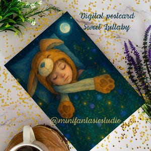 Dolce Ninna Nanna: Cartolina Digitale Stampabile | Bambino Che Dorme con Cappello da Cane | Acquerello | Scrapbooking | JPG, PNG, PDF