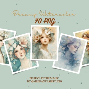 Aquarelle Rêveuse PNG 70 Portraits Vintage, Enfants, Adultes Clipart Féerique, Design Numérique Éthéré, Graphiques Peints Main, Scrapbooking