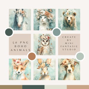 Portraits Idyliques d'Animaux Boho Aquarelle PNG 50 Illustrations Sylvestres pour Salon Chambre Cartes Découpage Œuvres Subtiles Cottagecare