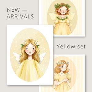 Ensemble graphique de 12 pièces : filles, anges Série jaune 50 mm, 60 mm, 95 mm et 5 fonds d'écran aux formats PDF A4 JPG MiniFantasieStudio