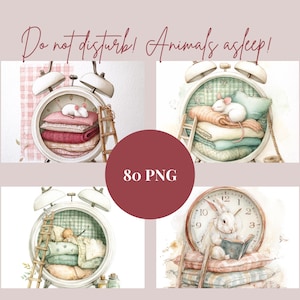 Ne pas déranger ! Animaux mignons endormis - 80 PNG  Graphiques pour cartes & albums Aquarelles pour découpage junk journal scrapbooking