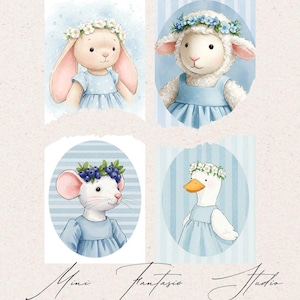 Ensemble bleu : 12 filles-animaux de la ferme / 50 mm, 60 mm, 95 mm et 5 fonds d'écran - PDF A4 et JPG 2024 x 2024 px - Mini Fantasie Studio