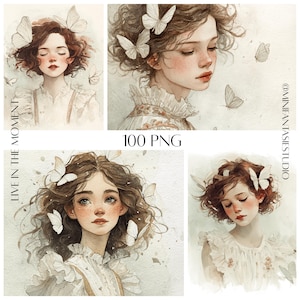 Filles Fées Aquarelles avec Papillons PNG - Illustrations Romantiques, Lot de 100 Cliparts Numériques Imprimables, Design Numérique Éthéré
