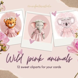 Ensemble de graphiques rose : 12 animaux (filles, animaux ) 50 mm, 60 mm, 95 mm et 5 fonds d'écran aux formats PDF A4 et JPG , journal