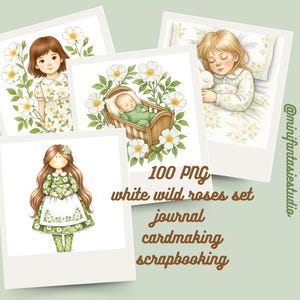 Riesiges Set von 100 PNG Weiße Wilde Rosen Aquarell – Blumen Illustrationen Set für Druck, Scrapbooking, Journaling & Kartenherstellung