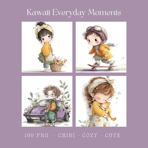 100 PNG Kawaii Cozy Kids Collection Delicate Digital Illustrations, Ready-to-print for a child&#39;s room, scrapbooking, decoupage, invitations.