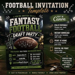 May include: A digital fantasy football draft party invitation template featuring a brown football with white play diagrams, a gold trophy, and a number one foam finger. The text includes "Fantasy Football Draft Party," "September 4," and "Chad's House."