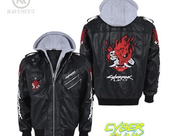 May include: Black leather jacket with a gray hooded insert. The jacket features red and white embroidered designs on the back, sleeves, and chest. The text "Cyberpunk 2.0.7.7" is visible on the back. The word "Cyberpunk" is also displayed in neon yellow and green.