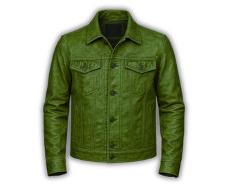 Jaqueta Trucker Masculina de Couro de Carneiro Verde | Jaqueta Trucker de Couro Premium Masculina | Jaqueta Trucker de Couro Verde Elegante Masculina