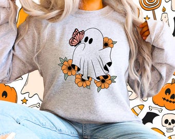 Niedliches Geist SVG mit Schmetterling und Blumen, gruselige Saison SVG, Halloween Shirt SVG, gruseliger Geist Clipart, Halloween Shirt Sublimationsdesign