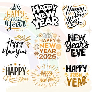 以下が含まれることがあります： 様々なスタイルの「新年おめでとう」のデザイン9種類。黒、金、白の文字と、花火や星などの装飾要素を使用。 「Happy New Year 2026」の文字も含まれています。