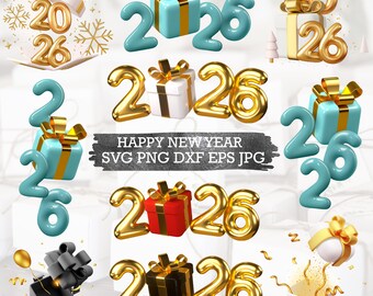 Frohes Neues Jahr 2026 SVG Bundle: Glitzer Luftballons, Party Designs (Digitaler Download)