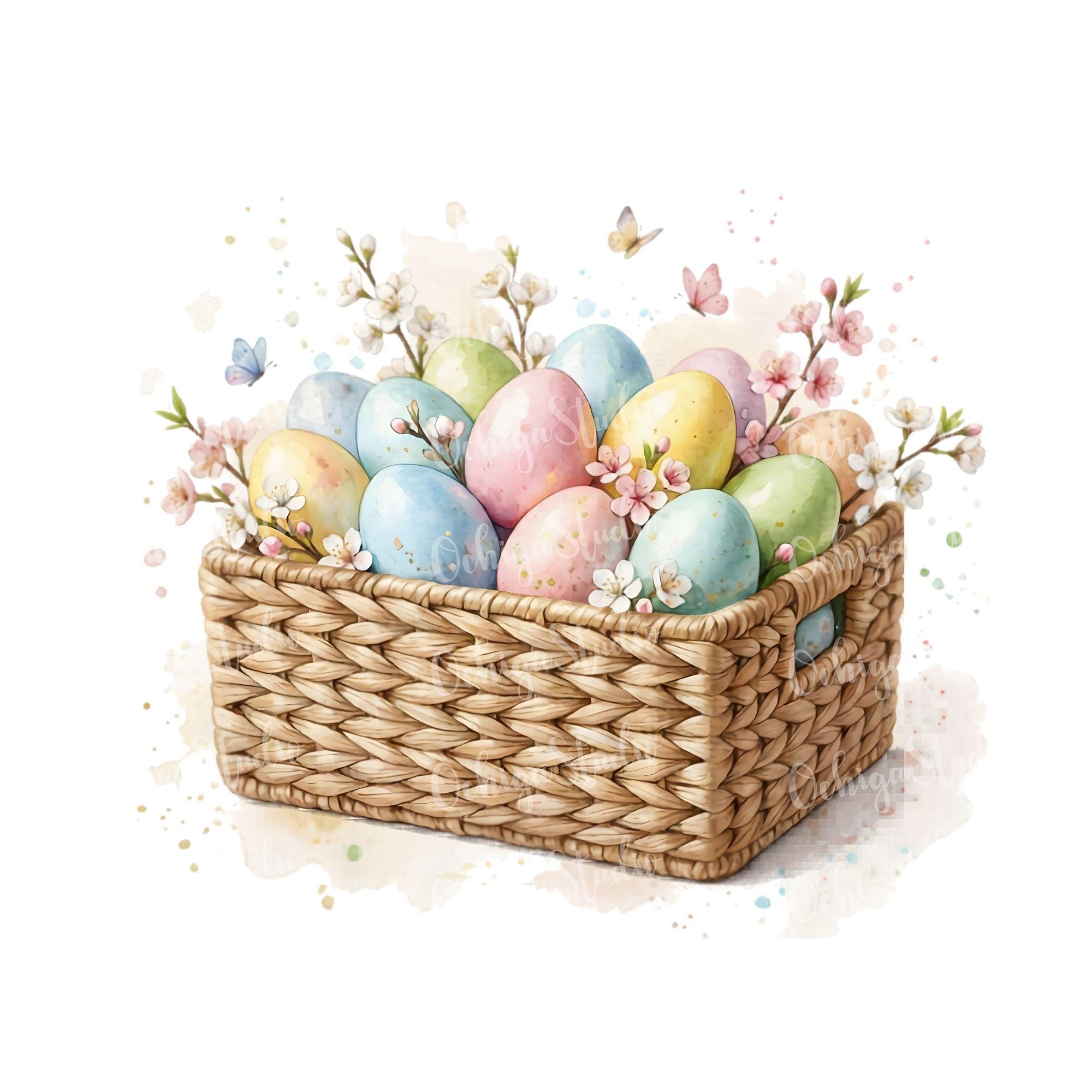 10 Easter Eggs Basket Clipart Bundle, Watercolor Easter Basket, Spring ...