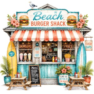 May include: A beach burger shack illustration featuring a striped awning, two surfboards, picnic tables, and menu boards. The sign reads Beach Burger Shack, with text for Good Food Good Vibes Good Times, Menu, and Good Eats, plus a seagull on the roof.