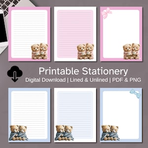 May include: Printable stationery set featuring lined and unlined pages in pink and blue frames. Each page has a watercolor illustration of two teddy bears. The text "Printable Stationery" is displayed with the words "Digital Download | Lined & Unlined | PDF & PNG".