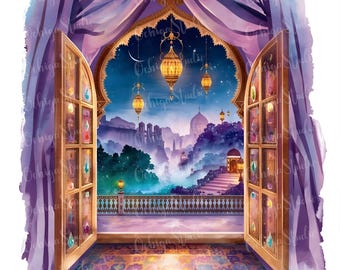 12 Arabian Nights Window Clipart, Fairytale Castle Window, Fantasy Arabian Night Scene, Storybook Window, Junk Journal, Commercial Use